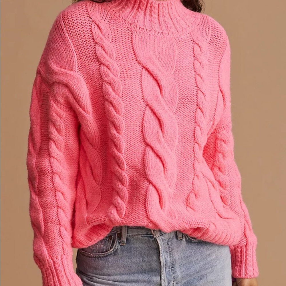 Anthropologie Vibrant Pink Cable Knit Turtleneck Sweater